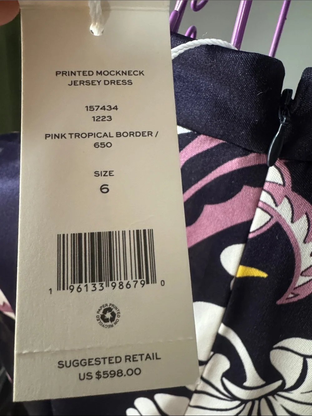 Tory Burch Printed Mockneck Jersey Dress Color:Pink Tropical Border size 6